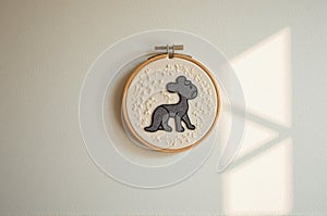 Embroidered hoop art with black dog on textured background with light shadows