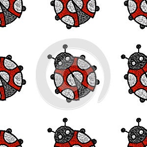 Embroidered ladybug on a white background - seamless pattern. Ha
