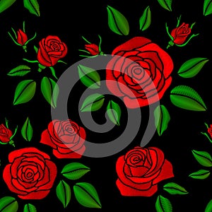 Embroidered red rose flowers vector vintage seamless floral pattern for fashion design
