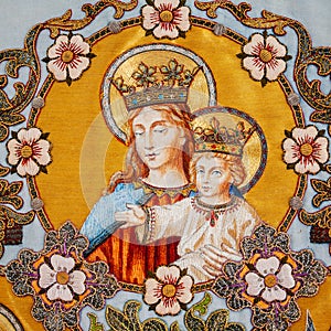 Embroidered religious icon Virgin Mary holding Jesus