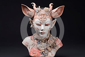 Embroidered rose coral figure kitsune masked creature. Generate ai