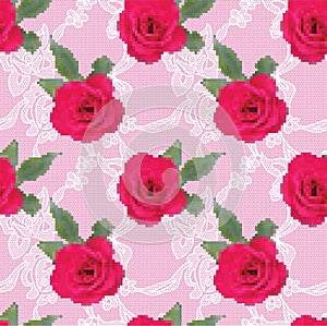 Fabric seamless pattern with embroidered roses