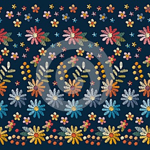 Embroidered seamless border with colorful summer wild flowers. Decorative embroidery. Vector design