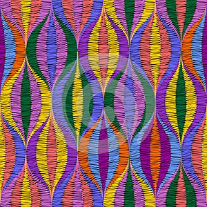 Embroidered seamless pattern with colorful waves. Print for fabric. Vector drawing