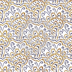 Embroidered seamless pattern. Wavy bohemian print for home decor, pillows, carpets. Paisley style seigaiha ornament. Vector