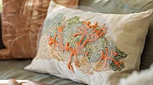 An embroidered throw pillow cover with a small section of embroidered lichen design adding a pop of color and texture to