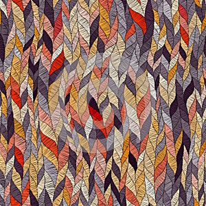 Embroidered wavy seamless pattern. Braided braids, ribbons, tows vertically directed. Grunge texture. Patchwork style ornament.
