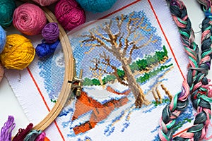 Embroidered winter house with yarn for colour knitting and tambour