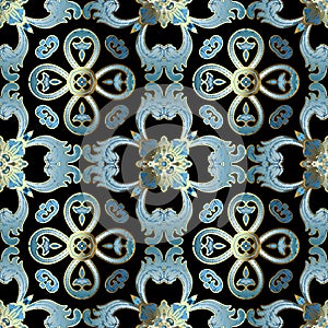 Embroidery baroque vector seamless pattern. Colorful floral grunge background. Tapestry wallpaper. Arras damask blue