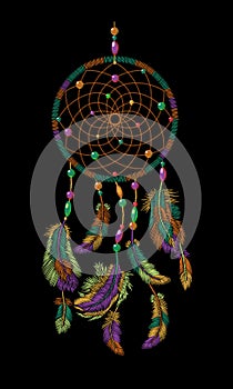 Embroidery boho native american indian dreamcatcher feathers. Clothes ethnic tribal fashion design dream catcher