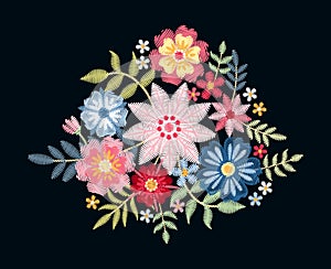 Embroidery. Bouquet with beautiful flowers and leaves. Colorful floral composition