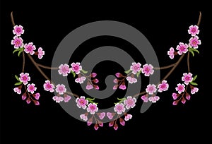 Embroidery branch of pink cherry blossoms on a black background