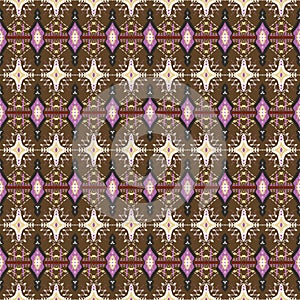 Embroidery on brown background and purple yellow, red white, black stripes ikat