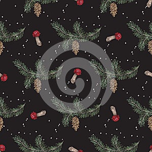 Embroidery christmas seamless pattern with mushrooms, pine and snow.