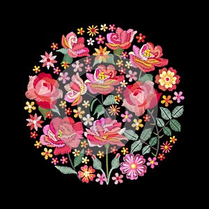 Embroidery circle pattern with beautiful red and pink flowers. Colorful bouquet on black background. Floral vector illustration