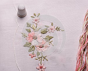 Embroidery. The cloth, thread, thimble. Top view