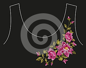 Embroidery colorful asymmetrical floral pattern with dog roses.
