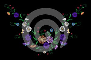 Embroidery colorful floral pattern with dog roses and forget me not flowers. Vector traditional folk fashion ornament on