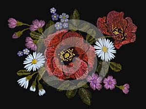 Embroidery colorful floral pattern with poppy and daisy flowers. Vector traditional folk fashion ornament on black background.