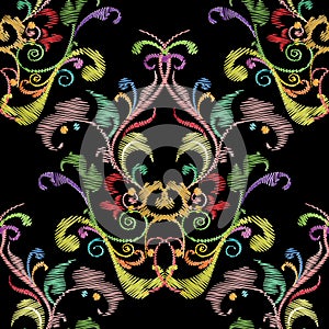 Embroidery colorful floral seamless pattern. Tapestry vector bac