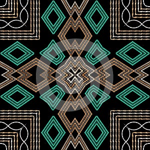 Embroidery colorful seamless vector pattern. Geometric tribal abstract background. Textured ethnic ornament with