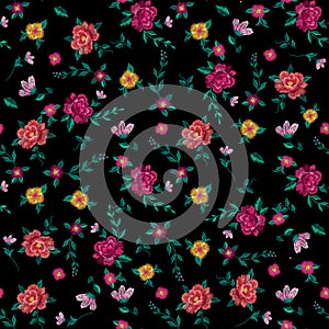 Embroidery colorful simplified ethnic floral seamless pattern.