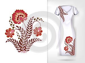 Embroidery colorful trend floral pattern. Vector traditional ornamental flowerspattern on dress mock up. Can be used in