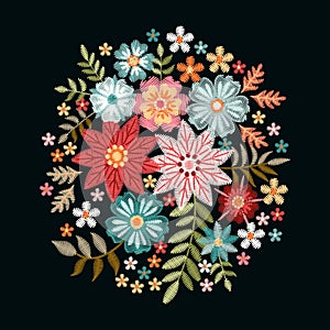 Embroidery composition with fantasy flowers. Pretty bouquet on black background. Floral vector illustration