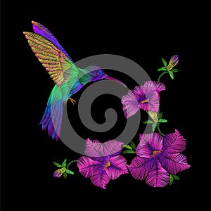 Embroidery crewel hummingbird bird flying petunia flower decoration patch print illustration