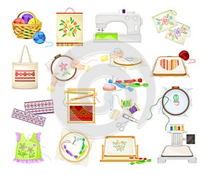 Embroidery and Cross Stitch Art Supplies with Tambour and Canvas Big Vector Set