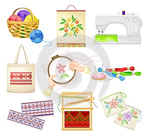 Embroidery and Cross Stitch Art Supplies with Tambour and Canvas Vector Set