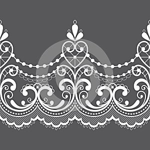 Alencon French seamless lace vector pattern, openwork ornament textile or embroidery design in white on gray background
