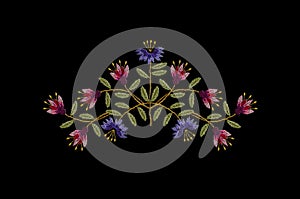 Embroidery of a delicate bouquet of pink-maroon carnations and purple carnations with green leaves on a black background