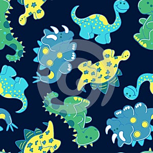 Embroidery dinosaurs in a seamless pattern