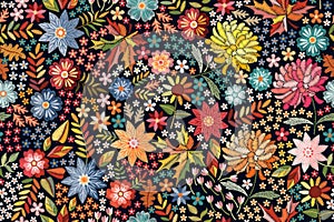 Embroidery. Ditsy floral seamless pattern with colorful flowers and leaves on black background. Beautiful print for fabric