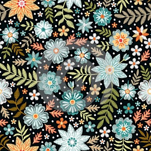 Embroidery ditsy seamless pattern with beautiful wild flowers. Floral print for fabric and textile. Vector embroidered