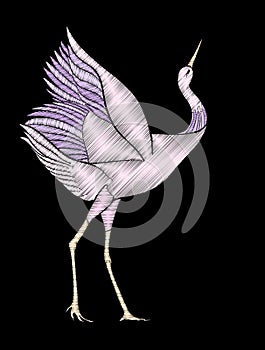 Embroidery. Embroidered design element - bird - crane - in vinta