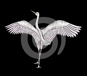 Embroidery. Embroidered design element - bird - crane - in vinta