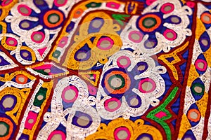 Embroidery ethnic flowers neck line flower design close view,traditional Hungarian matyo embroidery motifs.handmade indian