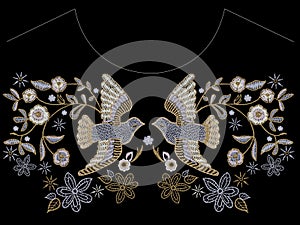 Embroidery ethnic neckline pattern with pigeons and flowers.