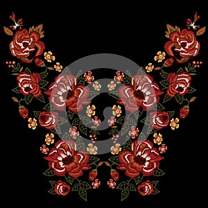 Embroidery ethnic neckline pattern with red roses.
