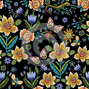 Embroidery ethnic simplified seamless pattern with butterflies a