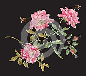 Embroidery fashion floral pattern with peonies and bees.