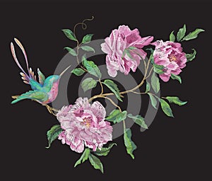 Embroidery fashion pattern with hummingbird on branch of exotic