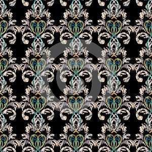 Embroidery floral baroque seamless pattern. Black white vector b