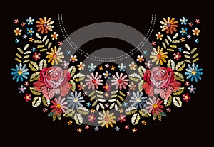 Embroidery floral neckline pattern. Beautiful colorful flowers.