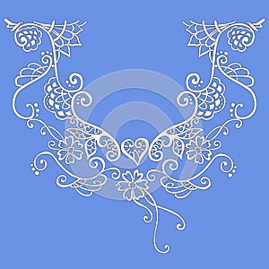 Embroidery floral neckline pattern. Beautiful white flowers on sky blue background. Elegant design for collars of fashion blouses