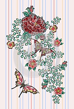 Embroidery floral patches with roses and exotic butterflies.