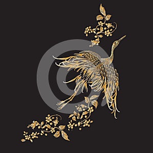 Embroidery floral pattern with gold crane.