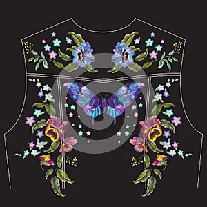 Embroidery floral pattern with pansies for jeans jacket back.